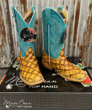 M2008 MACI BEAN BOOTS ANTIQUE SADDLE BIG BASS TURQUOISE TOP BOOT LADIES @